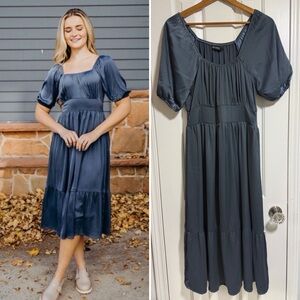 Mikarose The Margaret Dress slate blue flowy prairie puff sleeve midi medium